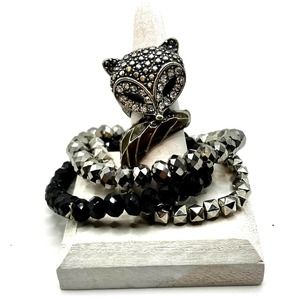 Fox Ring & 3 Stretch Bracelets Antiqued Silver Tone & Black Costume Jewelry